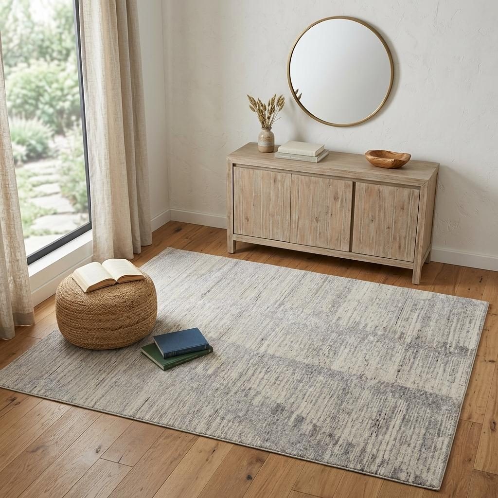 Ivory and Taupe Faded Wool Rectangle Area Rug, 4′ × 6′
