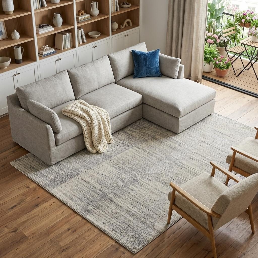 Ivory and Taupe Faded Wool Rectangle Area Rug, 6′ × 9′