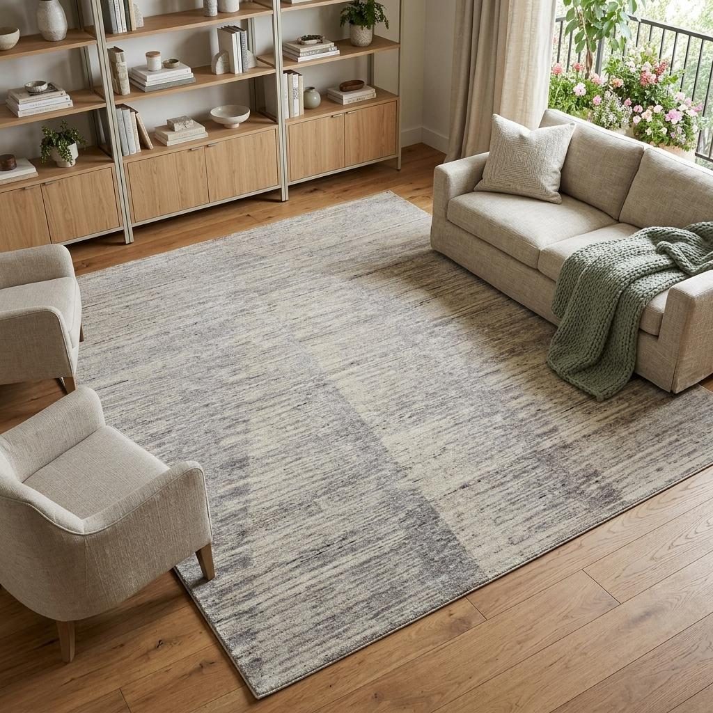 Ivory and Taupe Faded Wool Rectangle Area Rug, 8′ × 10′