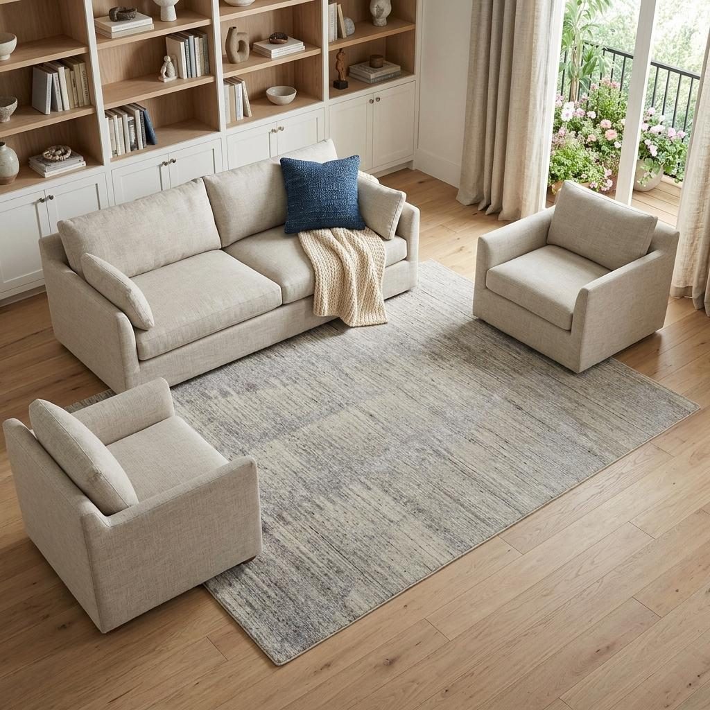 Ivory and Taupe Faded Wool Rectangle Area Rug, 8′ × 12′