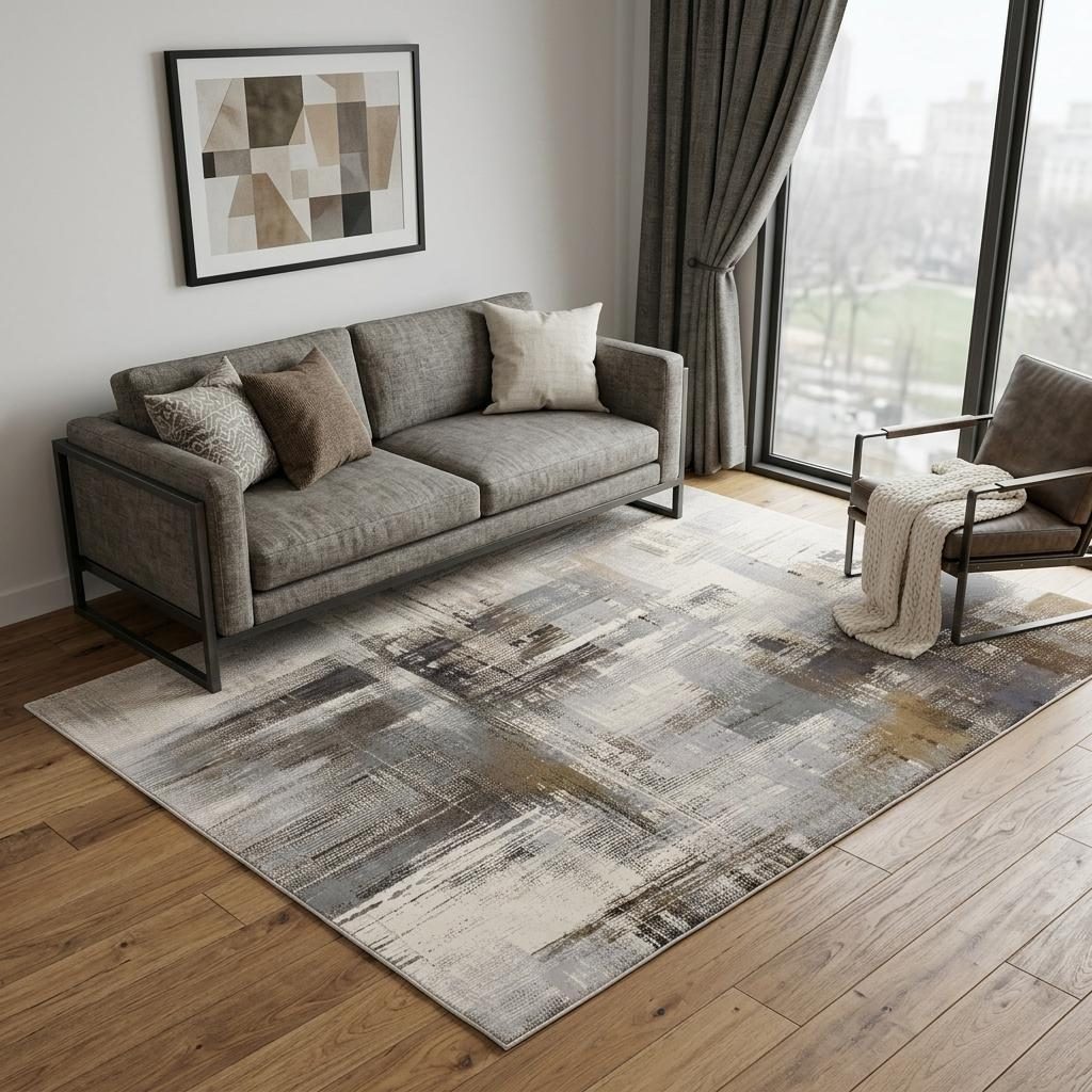 5′ X 8′ Ivory Gray and Brown Abstract Area Rug