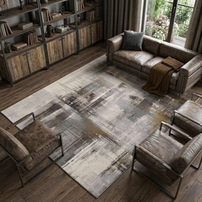 8′ X 10′ Ivory Gray and Brown Abstract Area Rug