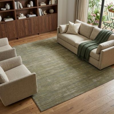 9′ X 13′ Tan and Green Power Loom Area Rug