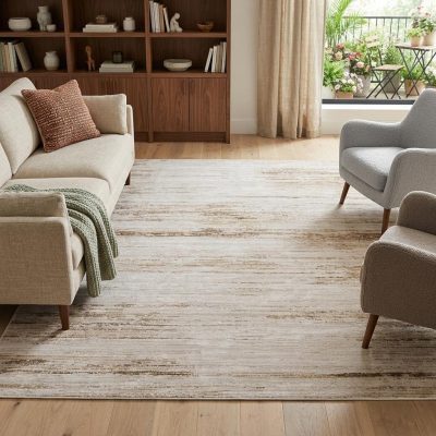 8′ X 10′ Ivory Tan Abstract Worn Faded Area Rug