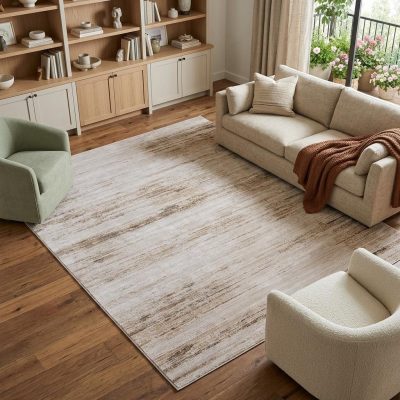 9′ X 13′ Ivory Tan Abstract Worn Faded Area Rug