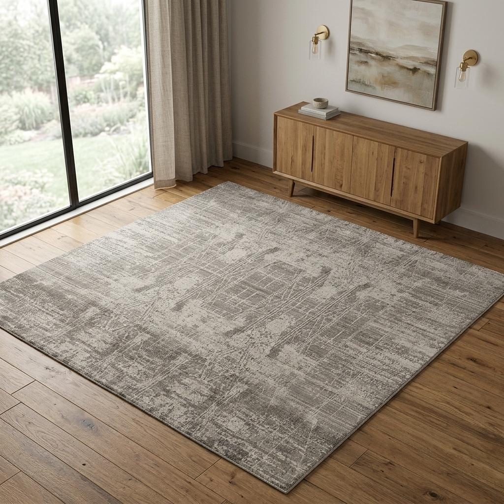 Gray and Silver Abstract Worn Faded Handwoven Wool Area Rug, 4′ × 6′