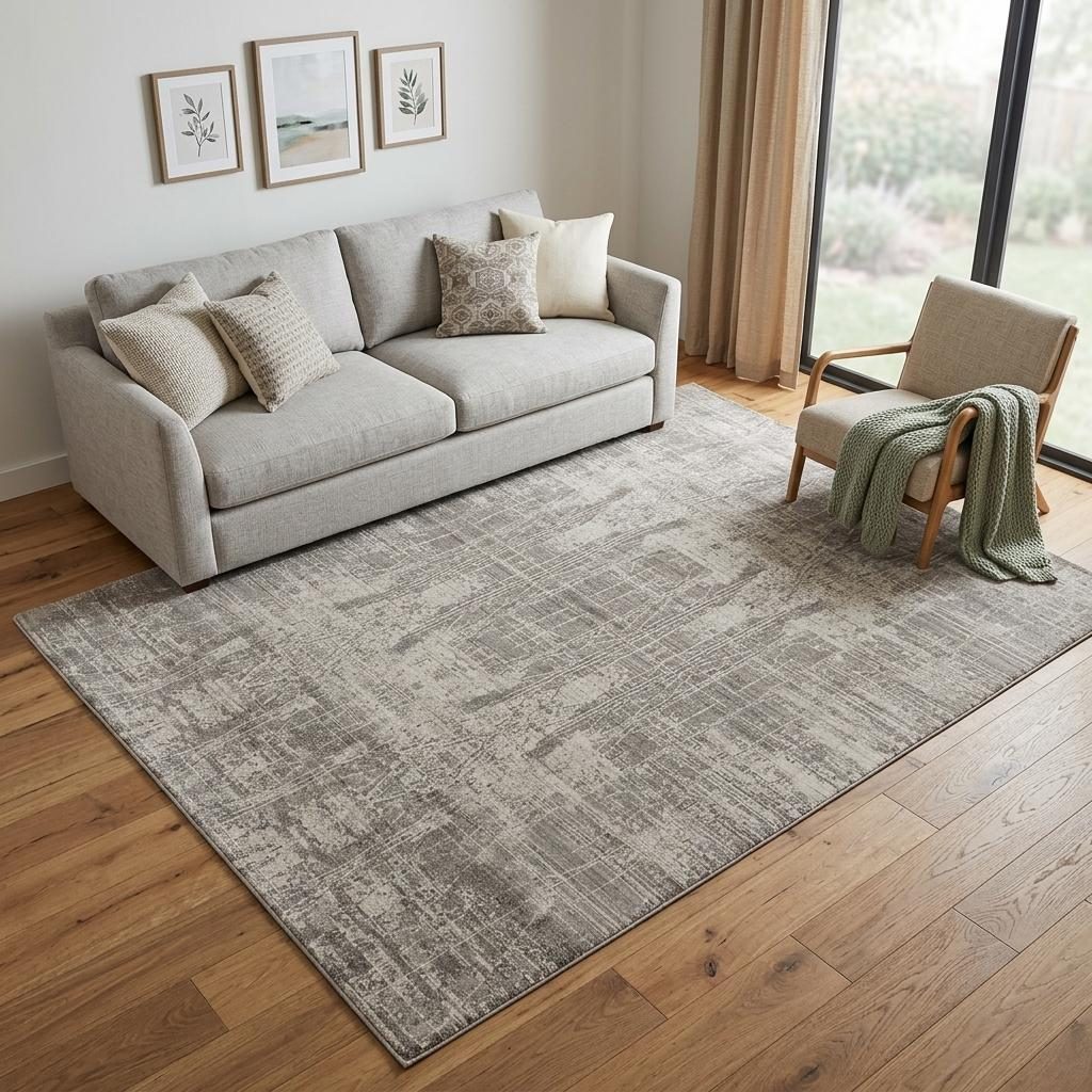 Gray and Silver Abstract Worn Faded Handwoven Wool Area Rug, 5′ × 8′