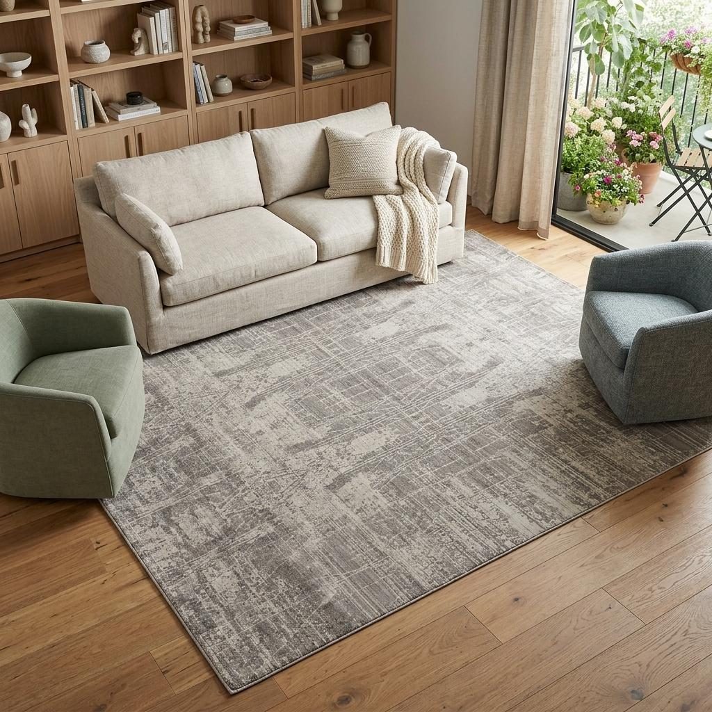 Gray and Silver Abstract Worn Faded Handwoven Wool Area Rug, 9′ × 12′