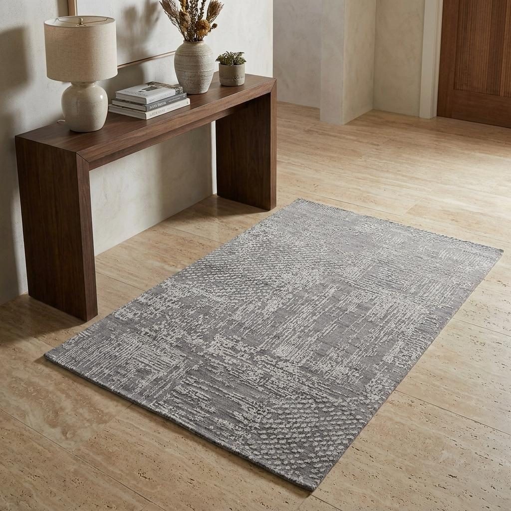 Gray and Silver Abstract Hand Woven Wool Rectangle Area Rug, 3′ × 5′