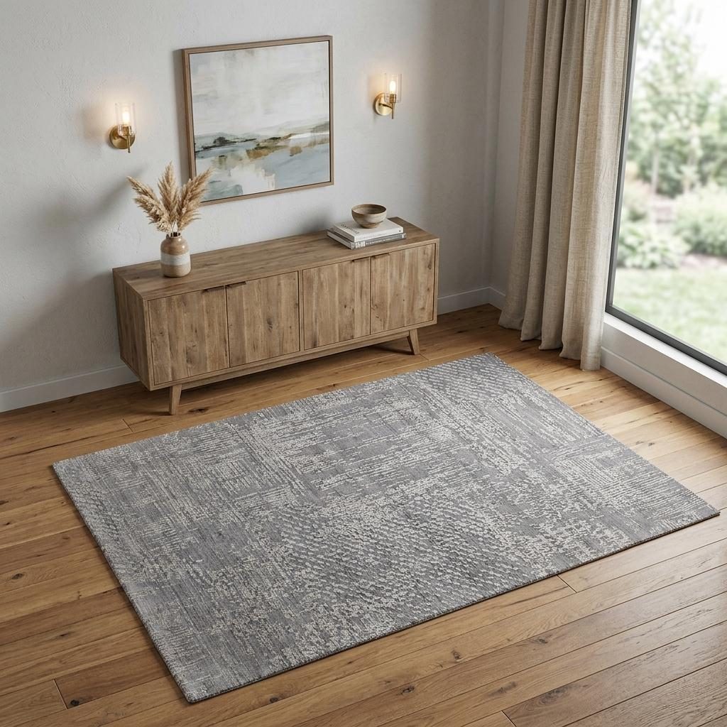Gray and Silver Abstract Hand Woven Wool Rectangle Area Rug, 4′ × 6′