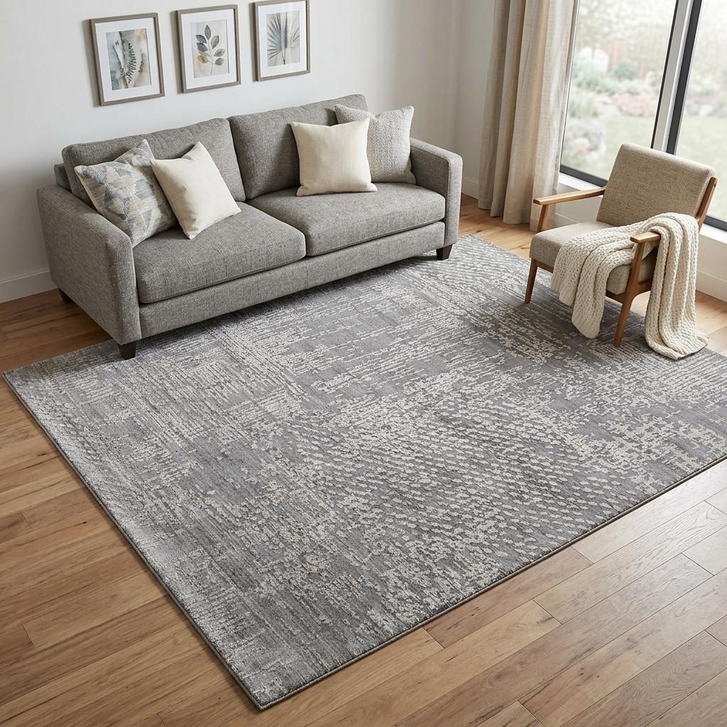 Gray and Silver Abstract Hand Woven Wool Rectangle Area Rug, 5′ × 8′