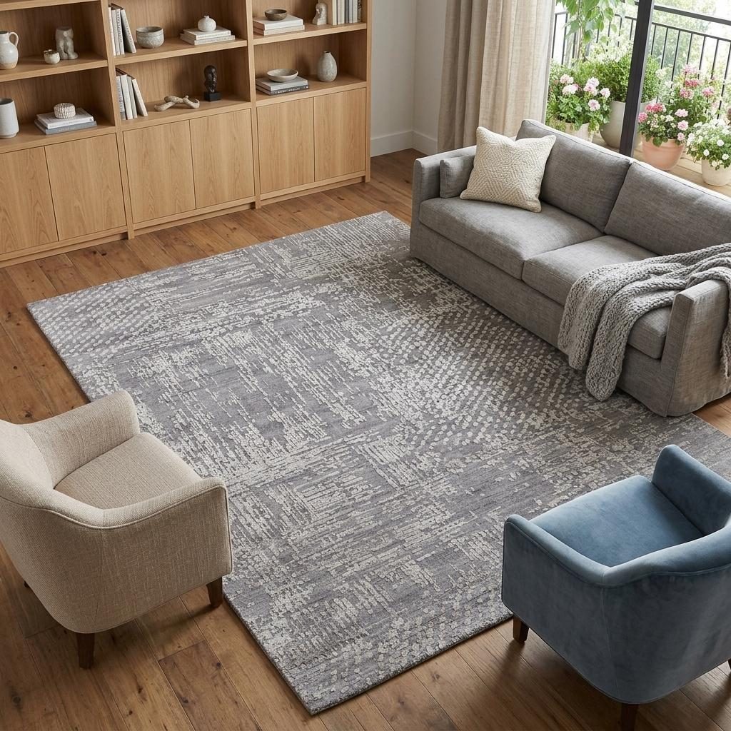 Gray and Silver Abstract Hand Woven Wool Rectangle Area Rug, 8′ × 10′