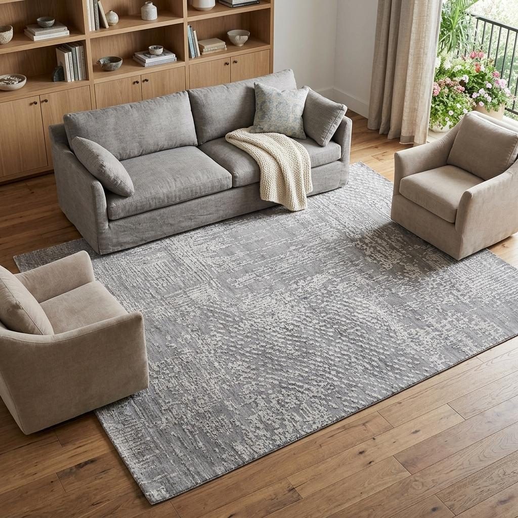 Gray and Silver Abstract Hand Woven Wool Rectangle Area Rug, 9′ × 12′