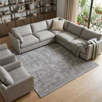 Gray and Silver Abstract Hand Woven Wool Rectangle Area Rug