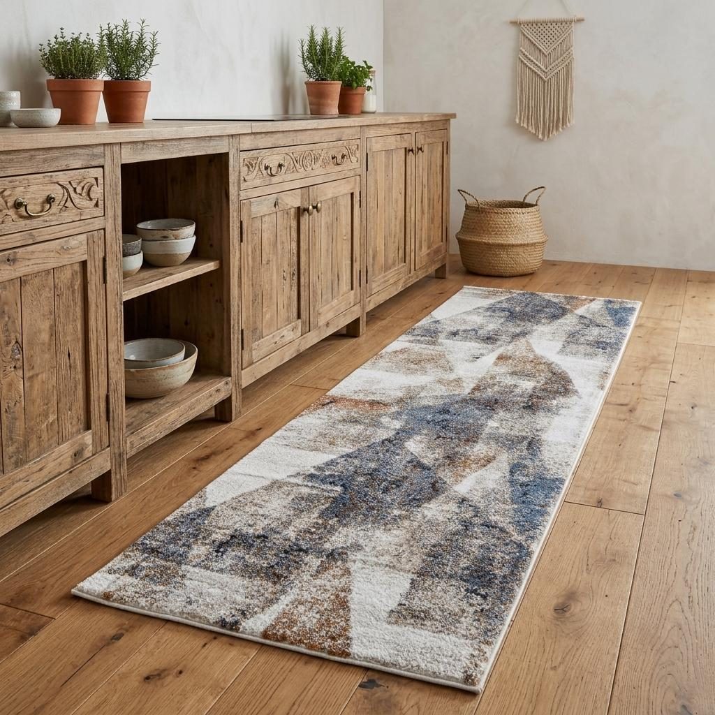 8′ Gray Blue and Ivory Checkered Power Loom Runner