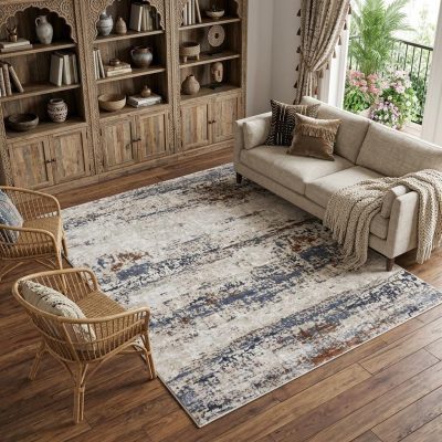 10′ X 14′ Gray Blue and Ivory Abstract Area Rug