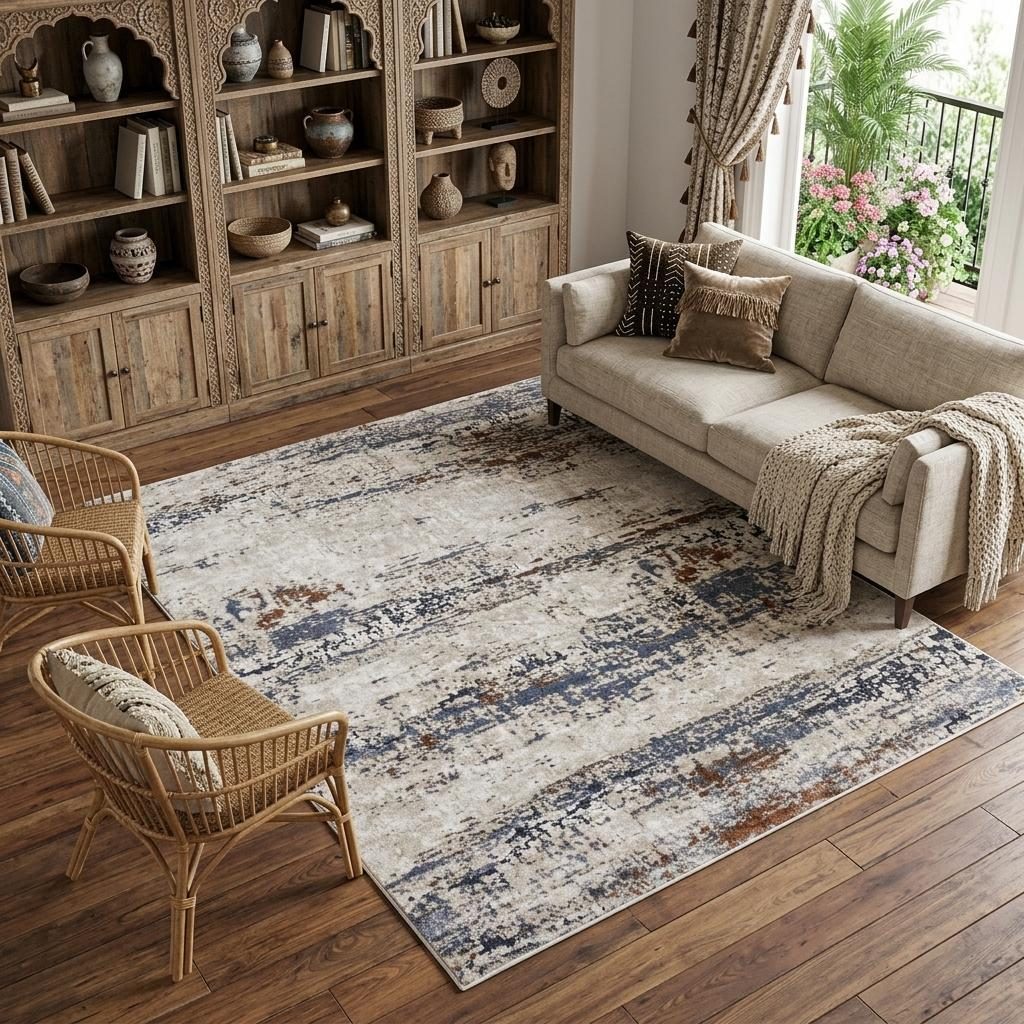 10′ X 14′ Gray Blue and Ivory Abstract Area Rug