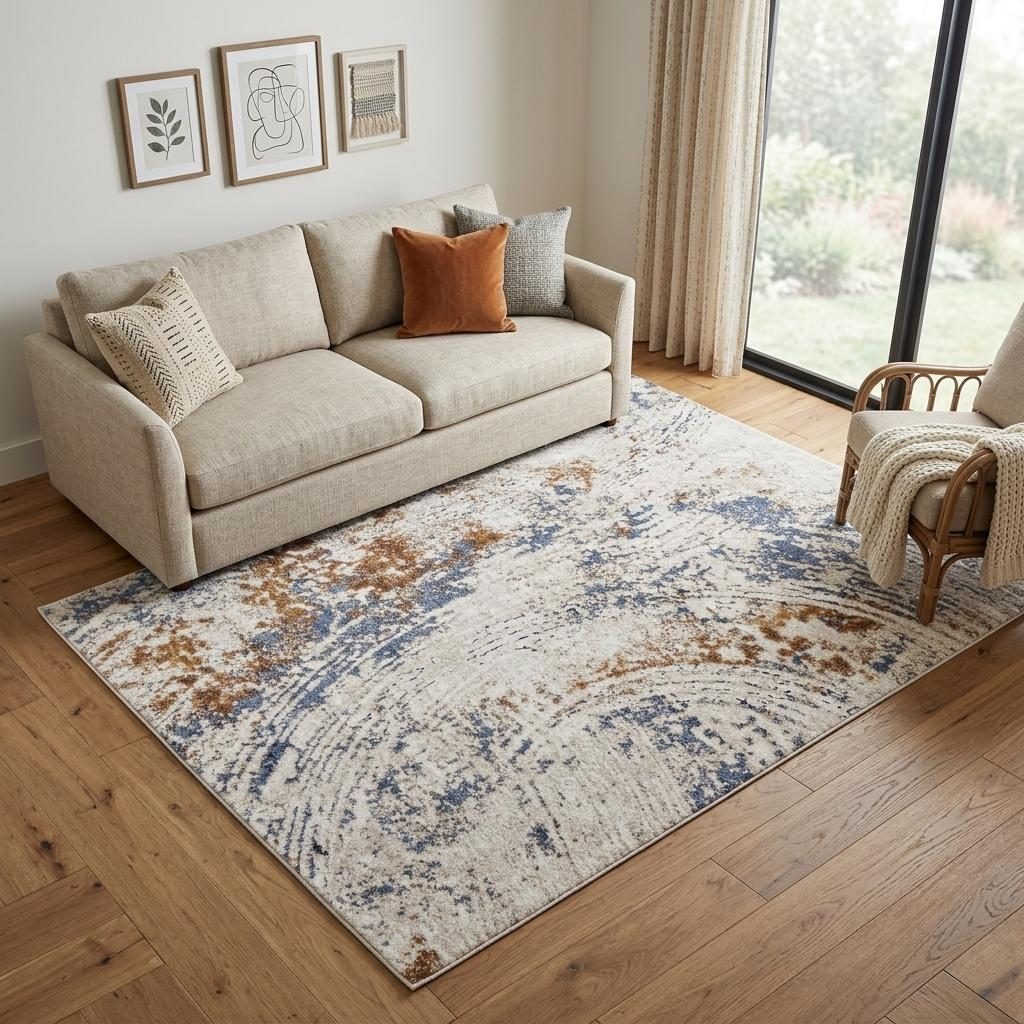 5′ X 8′ Ivory Blue and Brown Abstract Area Rug