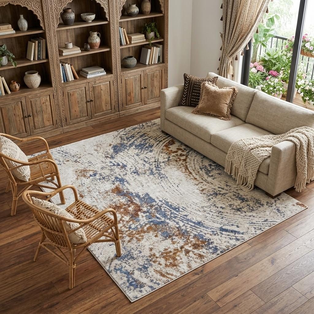 8′ X 10′ Ivory Blue and Brown Abstract Area Rug