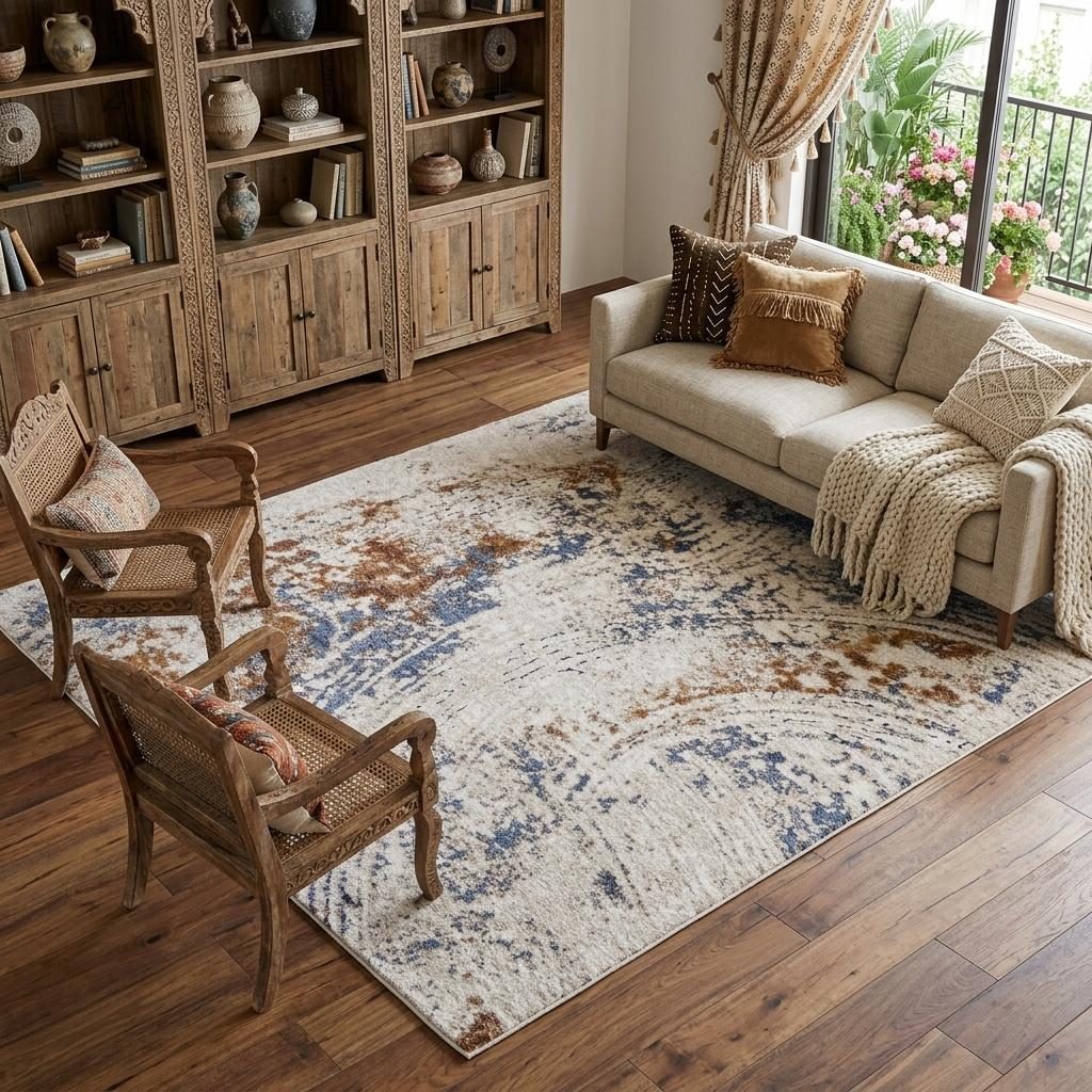 10′ X 14′ Ivory Blue and Brown Abstract Area Rug