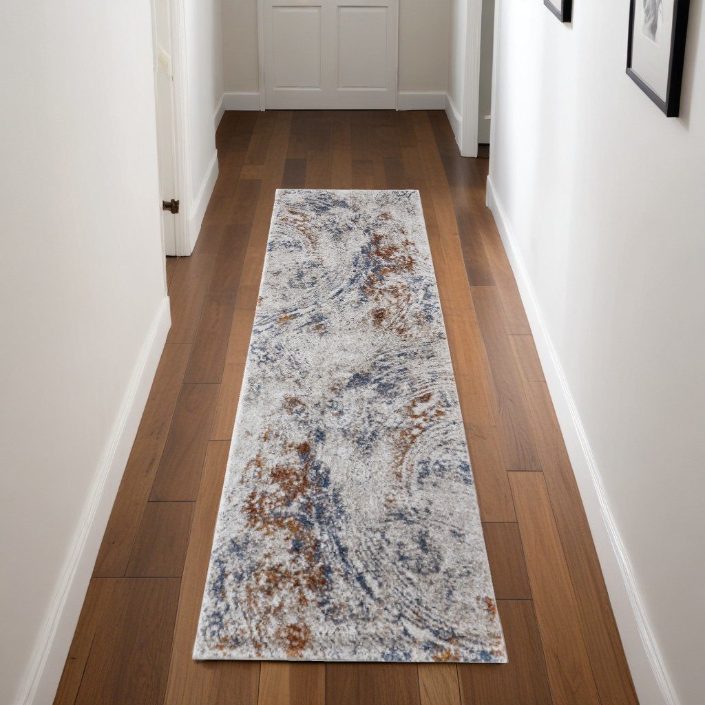 8′ Ivory Blue and Brown Abstract Runner