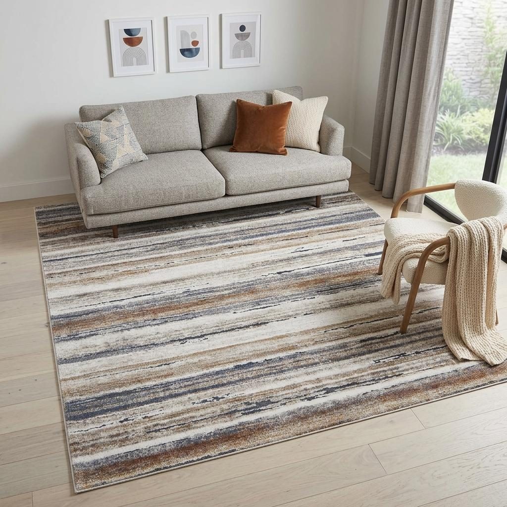 5′ X 8′ Ivory Blue and Brown Striped Area Rug