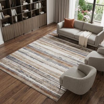 8′ X 10′ Ivory Blue and Brown Striped Area Rug