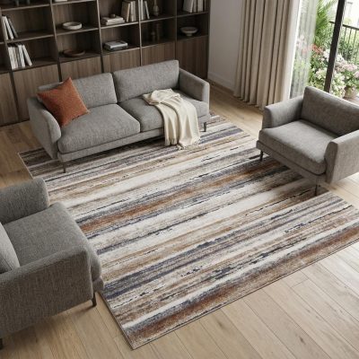 10′ X 14′ Ivory Blue and Brown Striped Area Rug
