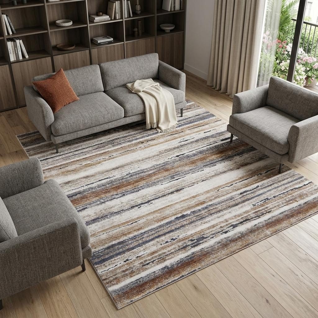 10′ X 14′ Ivory Blue and Brown Striped Area Rug