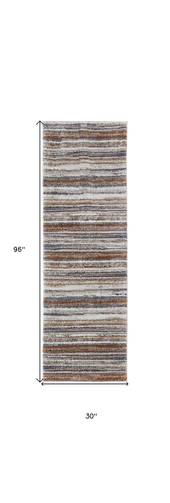 8′ Ivory Blue and Brown Striped Runner Rug