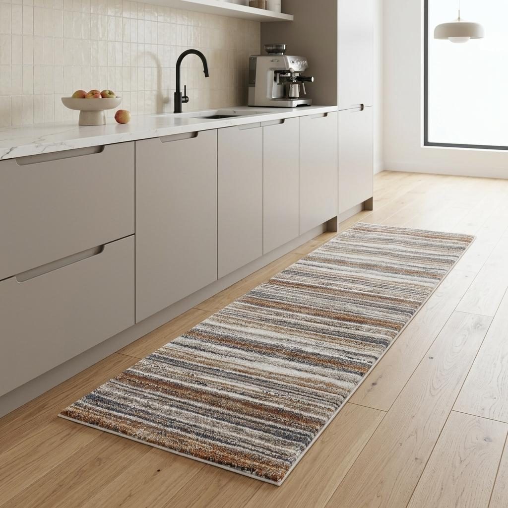 8′ Ivory Blue and Brown Striped Runner Rug