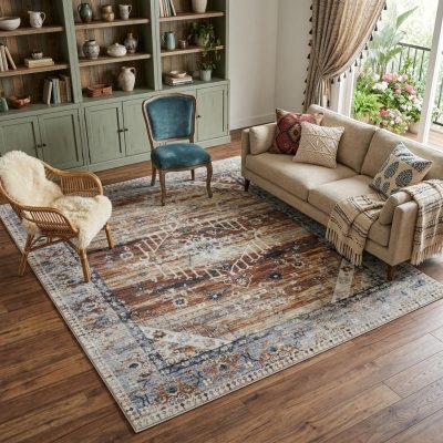 8′ X 10′ Ivory Abstract Worn Faded Area Rug
