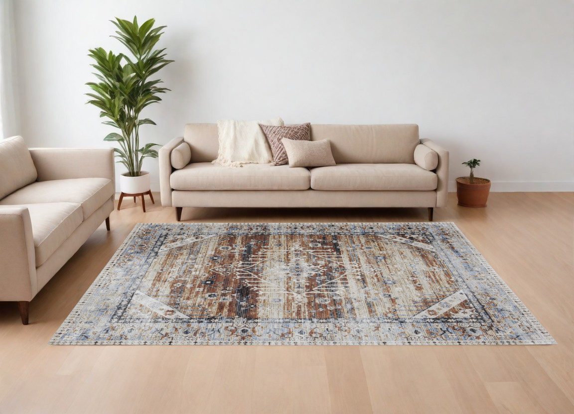 9′ X 13′ Ivory Abstract Worn Faded Area Rug