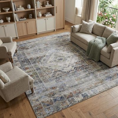 7′ × 10′ Gray Blue Abstract Worn Faded Area Rug