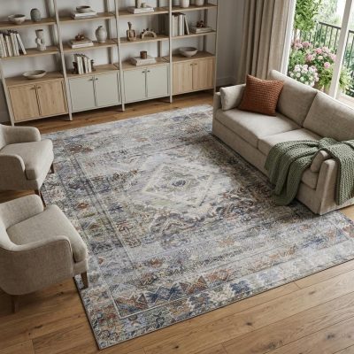 8′ X 10′ Gray Blue Abstract Worn Faded Area Rug