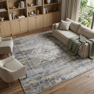 9′ X 13′ Gray Blue Abstract Worn Faded Area Rug