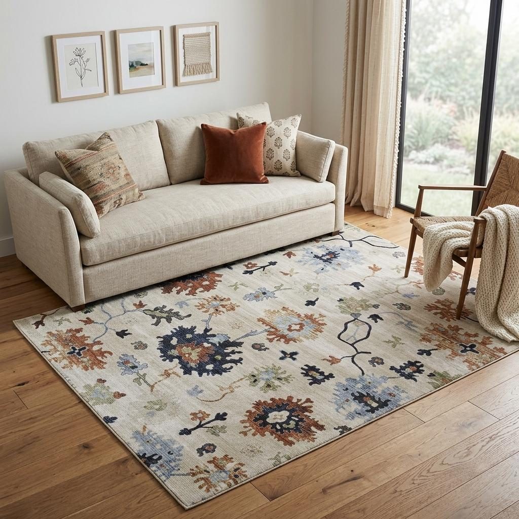 5′ X 8′ Ivory Red and Blue Floral Area Rug