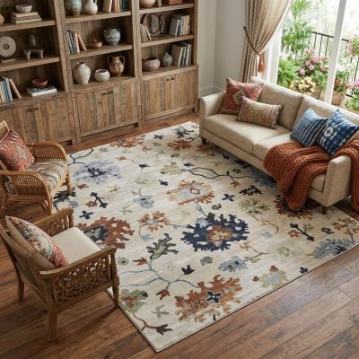 8′ X 10′ Ivory Red and Blue Floral Area Rug