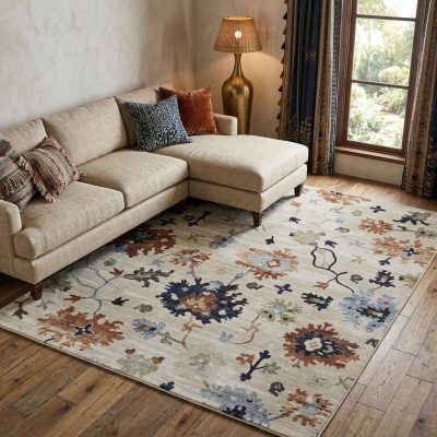 9′ X 13′ Ivory Red and Blue Floral Area Rug