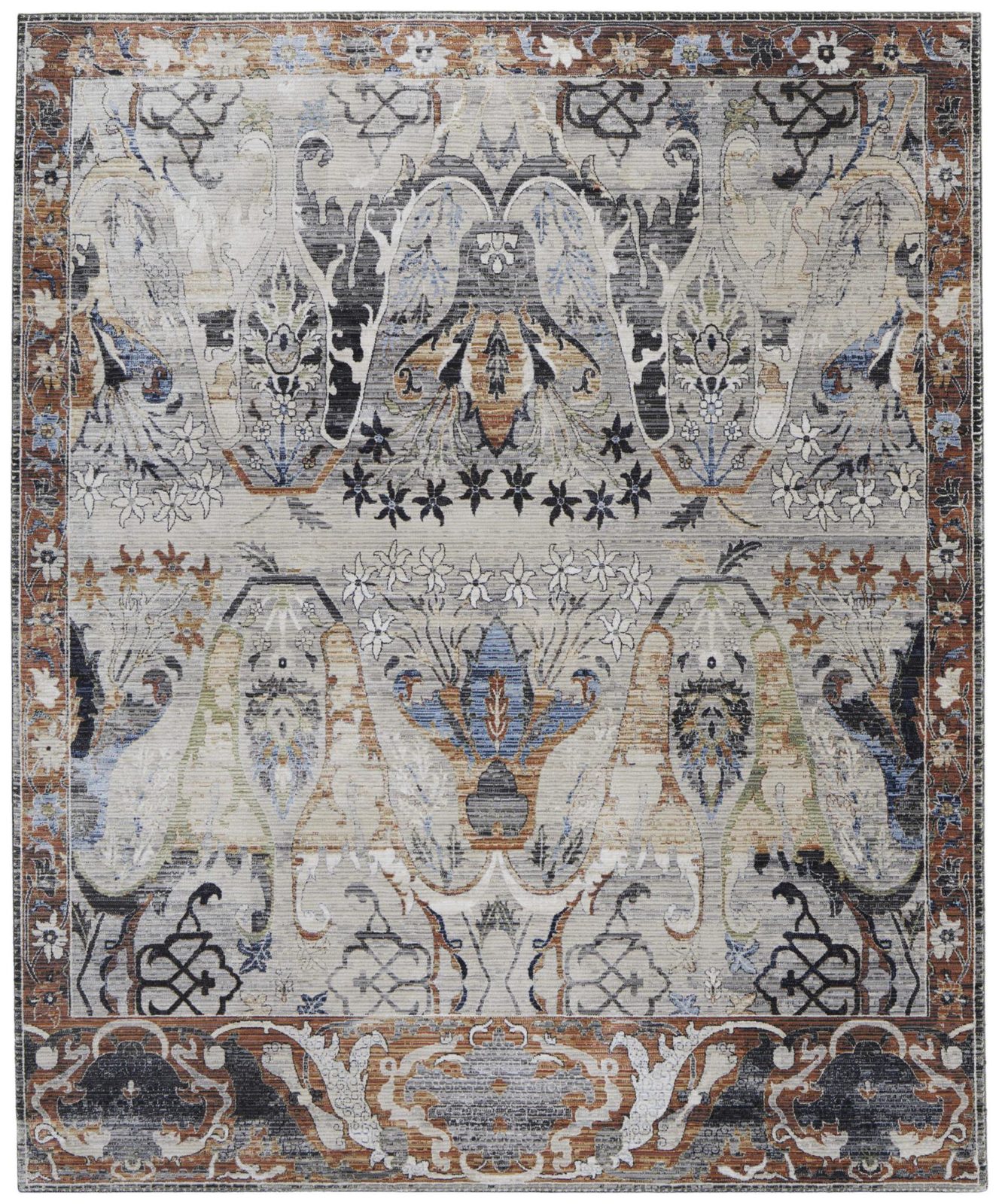 5′ X 8′ Gray Black and Red Ikat Area Rug