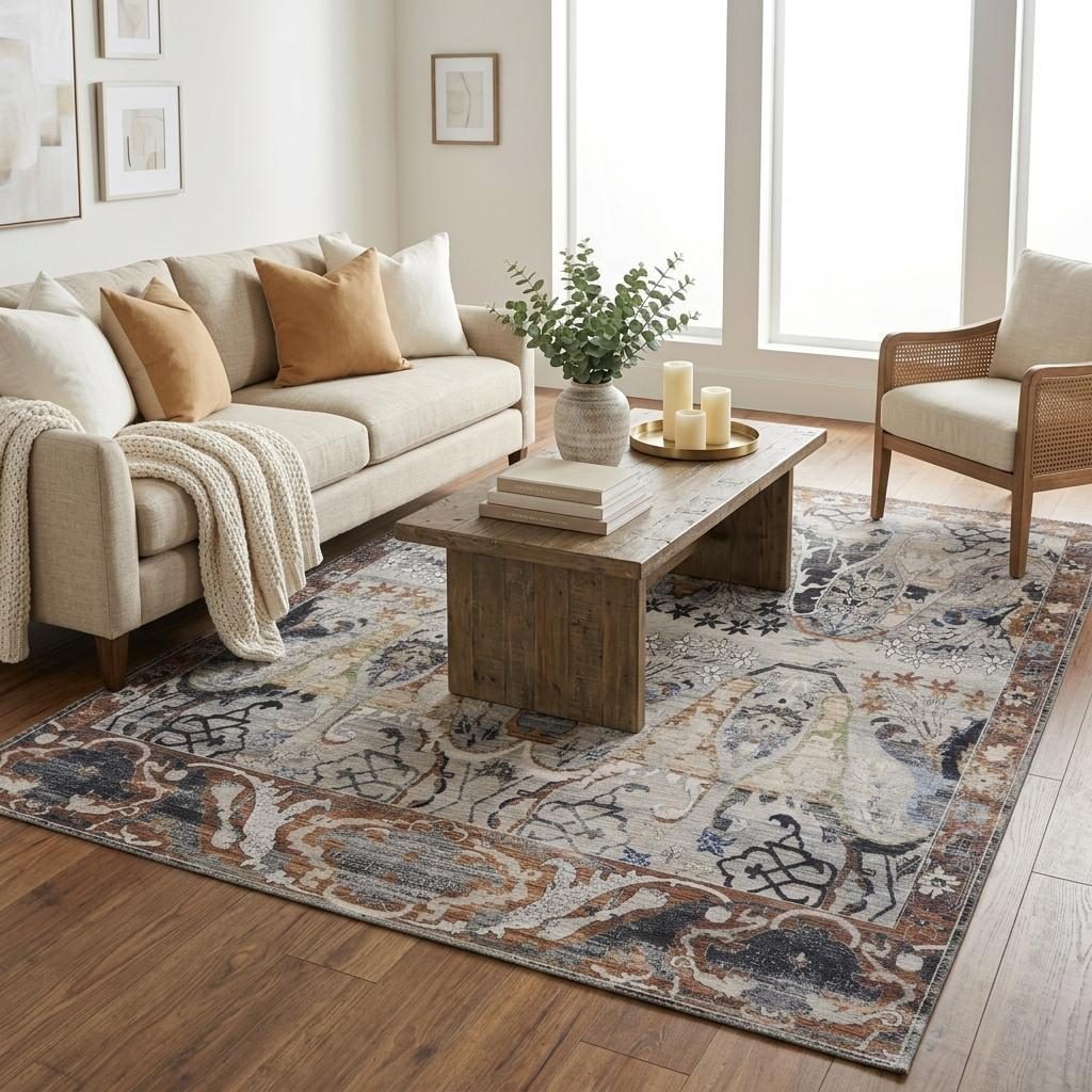5′ X 8′ Gray Black and Red Ikat Area Rug