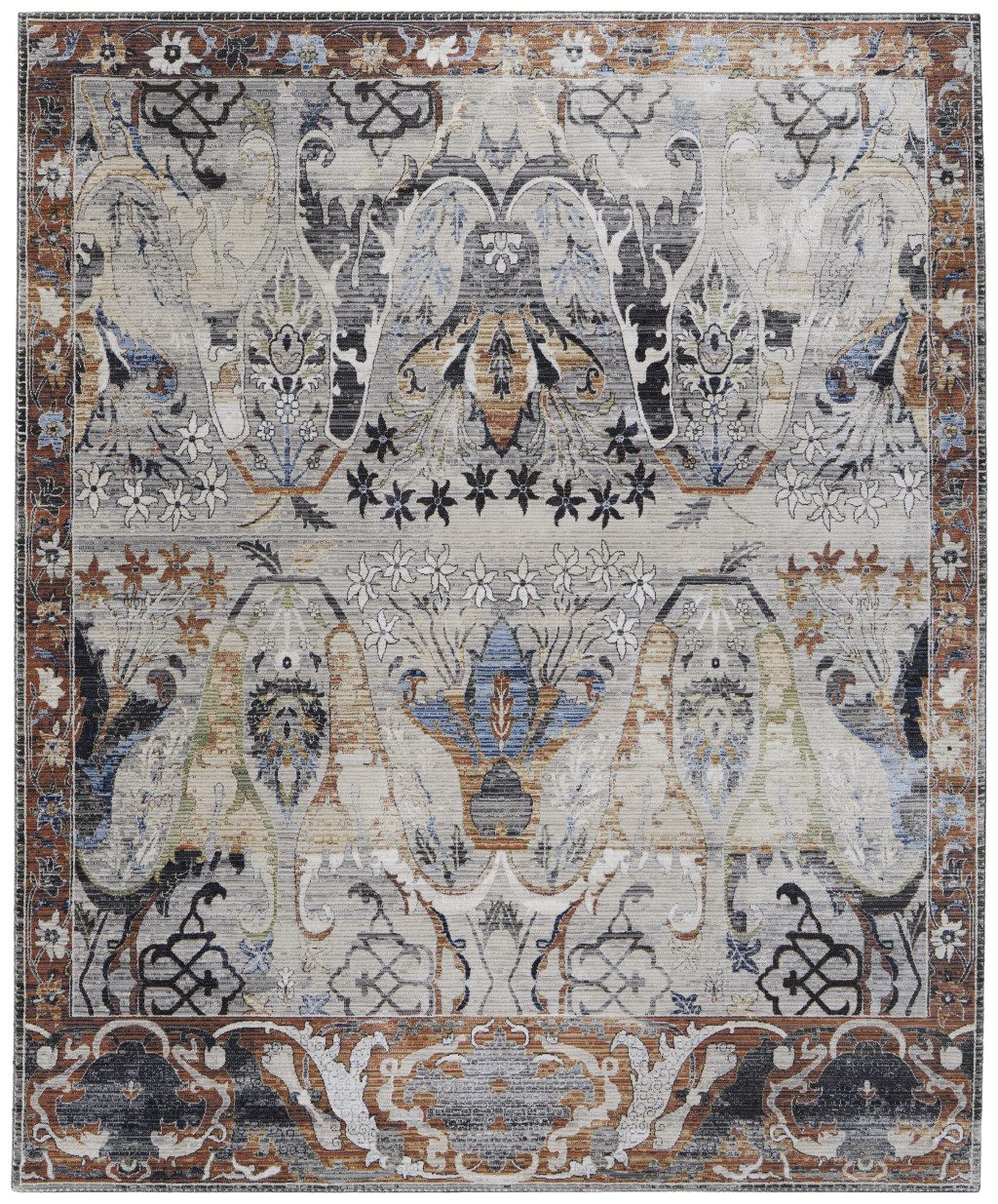 7′ X 10′ Gray Black and Red Ikat Area Rug