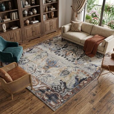 8′ X 10′ Gray Black and Red Ikat Area Rug