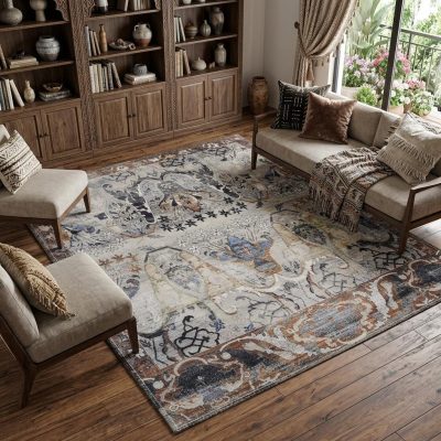 9′ X 13′ Gray Black and Red Ikat Area Rug