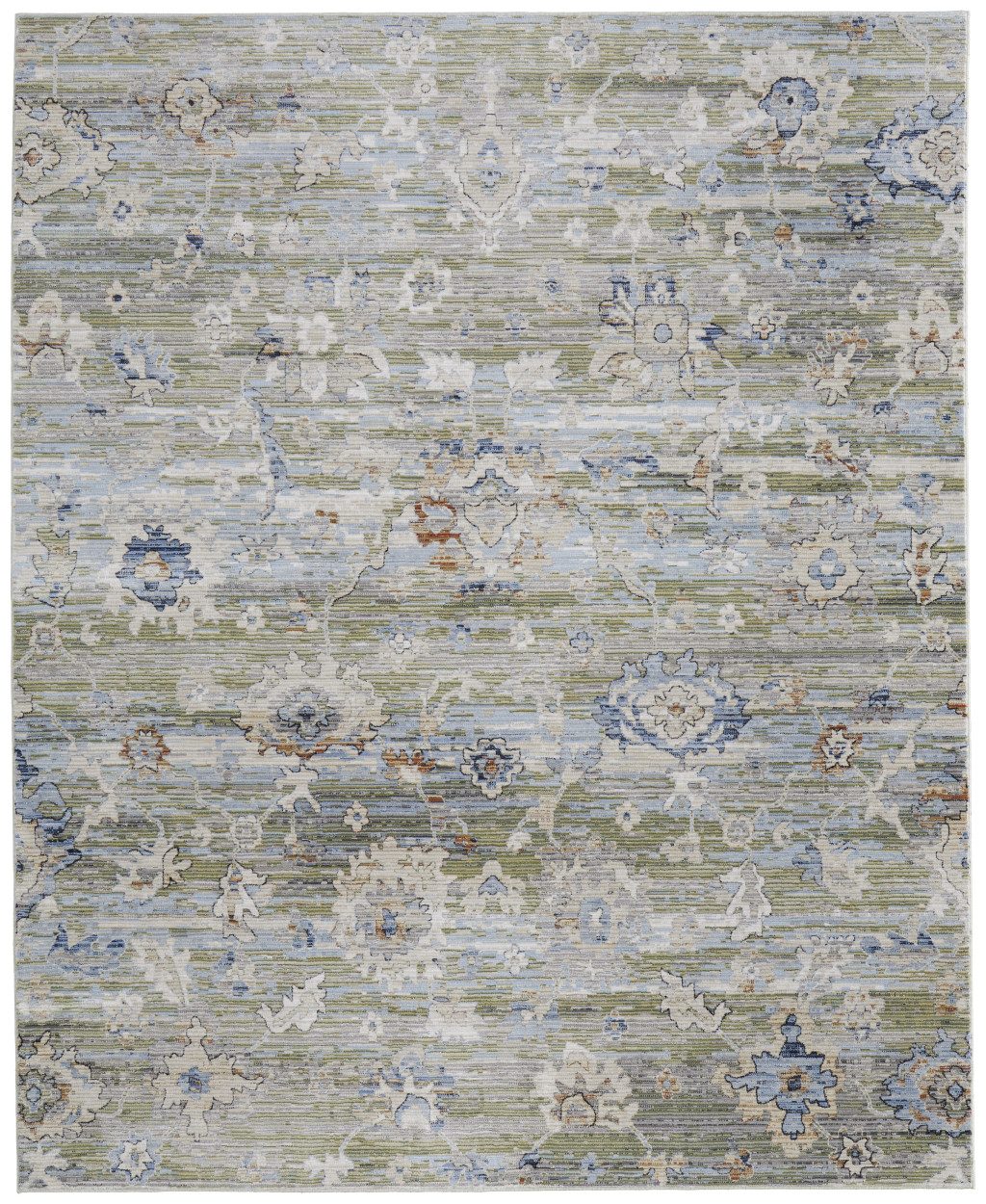 8′ X 10′ Ivory Green Worn Faded Floral Area Rug