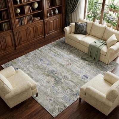 8′ X 10′ Ivory Green Worn Faded Floral Area Rug