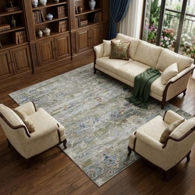 9′ X 13′ Ivory Floral Worn Faded Area Rug