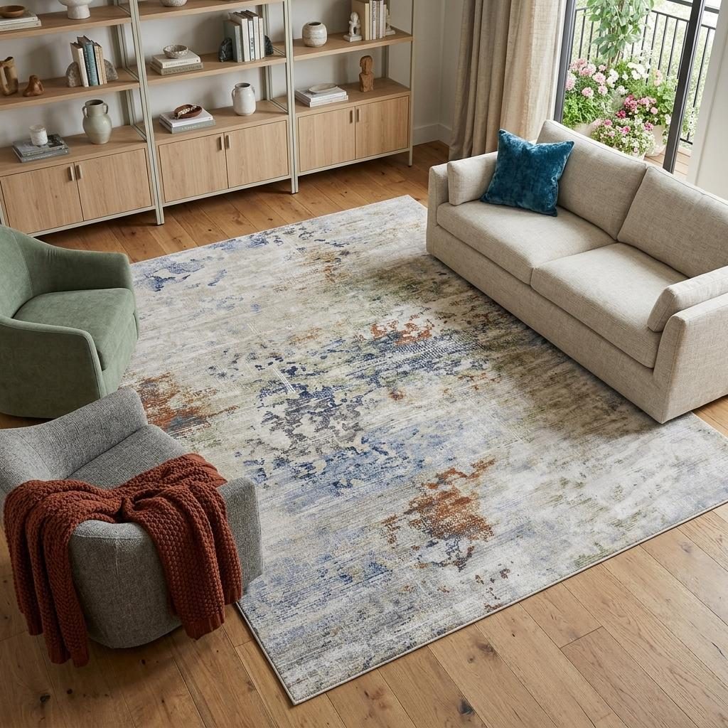 7′ X 10′ Red Blue and Ivory Abstract Area Rug