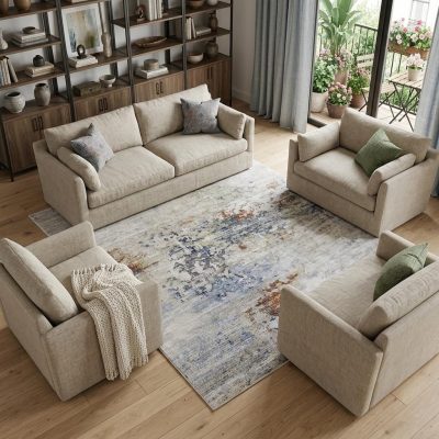 8′ X 10′ Red Blue and Ivory Abstract Area Rug