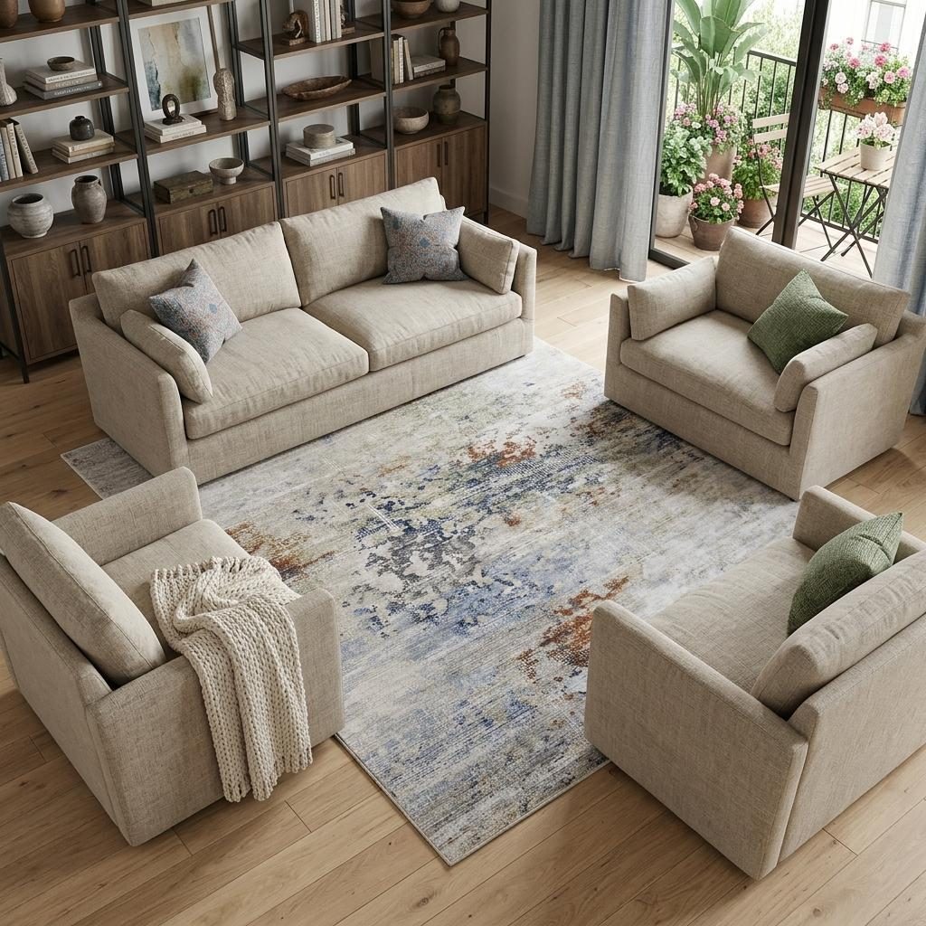 8′ X 10′ Red Blue and Ivory Abstract Area Rug